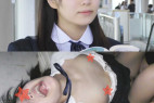 《ベロ出し絶頂》【電車チカン】丸襟紐リボンの私立系天然美少女★廃倉庫に連れ込まれてヨダレまみれのベロ出し32連イキ