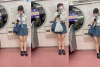 JK盗撮日記14 青チェックミニスカ制服JKを電車内で盗撮